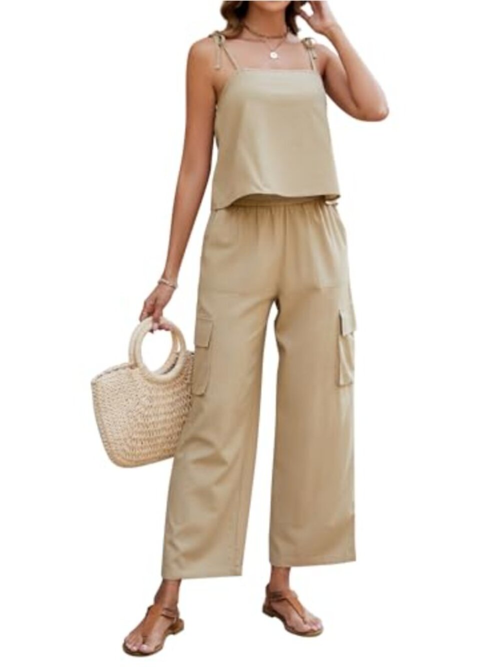 Linen Blend 2 Piece Lounge Set Crop Tank Top High Waisted Cargo Pants